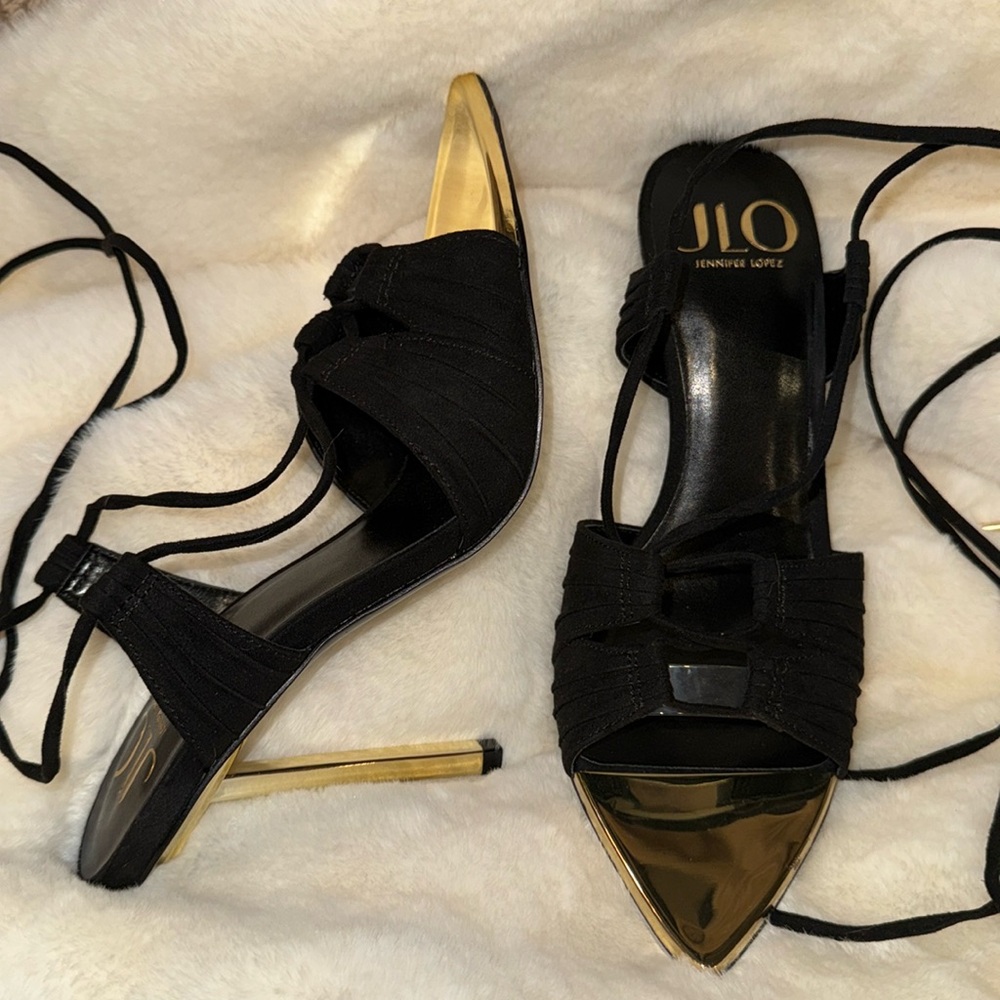 JLo sexy lace up heels, black and gold. Brand new. 7.5US